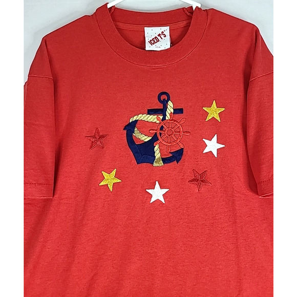 VTG ICED T's Crewneck T Shirt XL Red Nautical Anchor Stars Embroidered Made USA - Picture 3 of 12